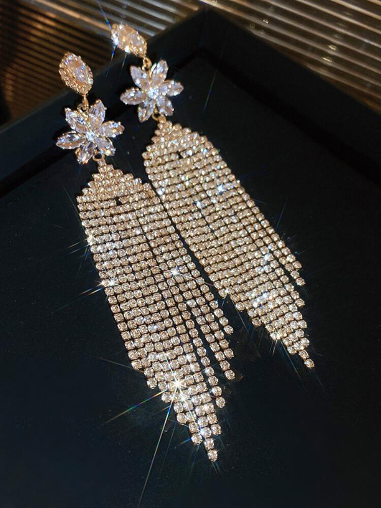 Diamond-Encrusted Zircon Flower Long Tassel Earrings
