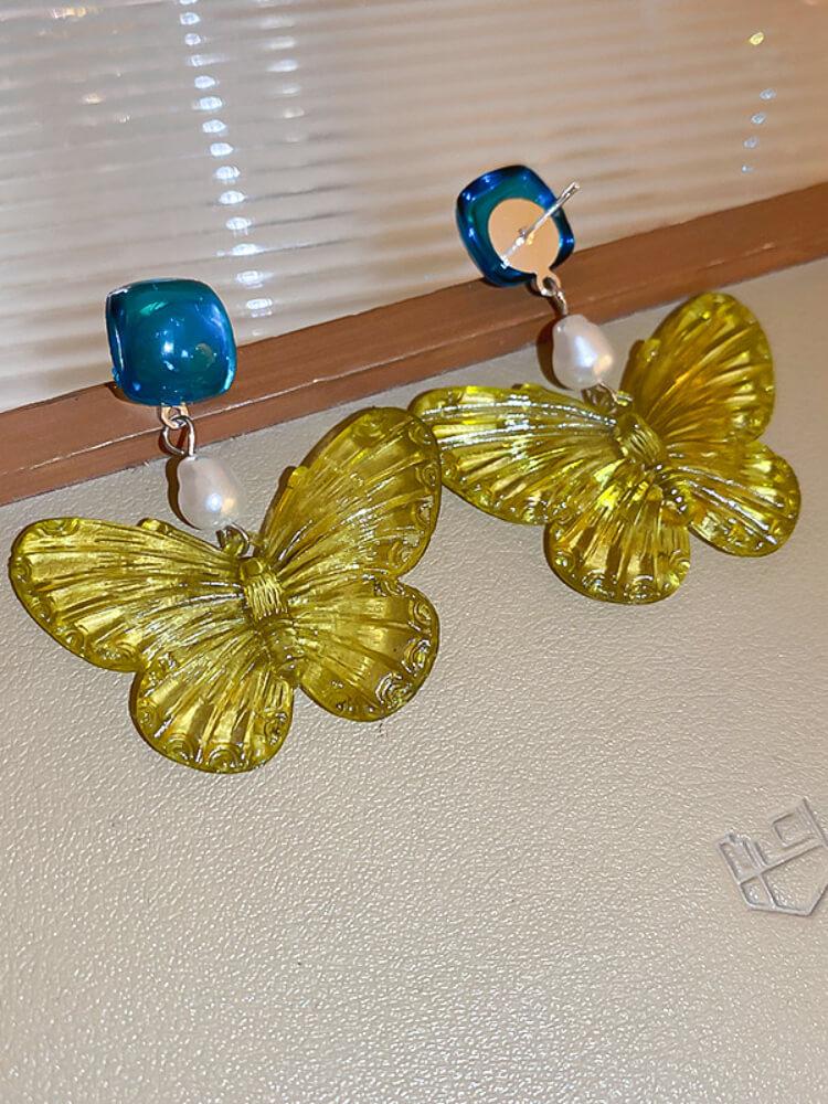 Women's Silver Pin Resin Butterfly Square Earrings