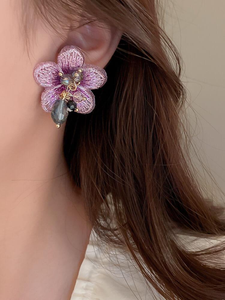 Silver Needle Crystal Fabric Flower Earrings