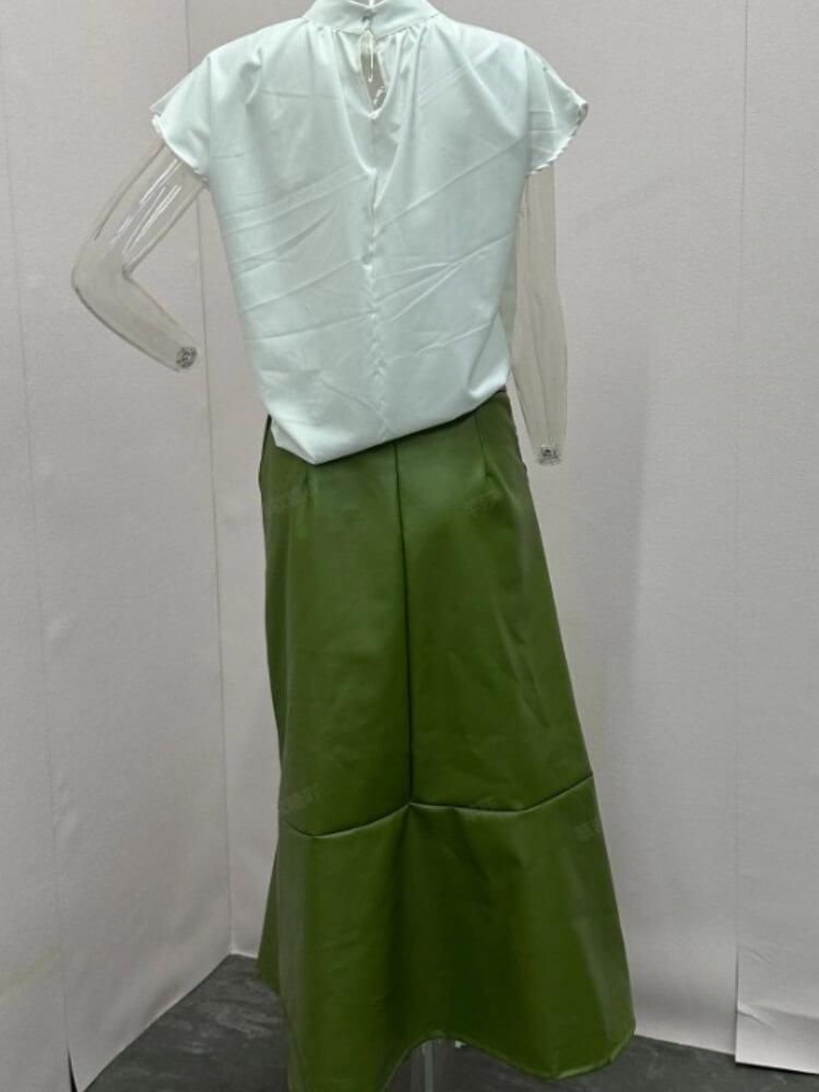Solid Color Sleeveless Shirt High Waist Leather Dress Set