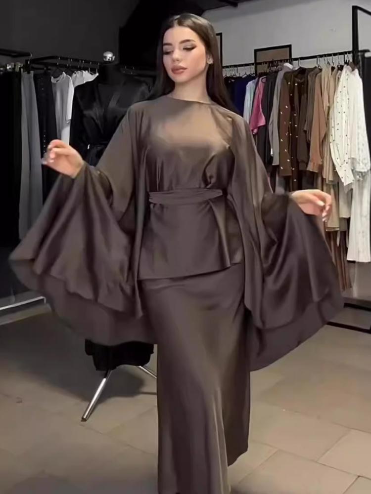 Elegant Round Neck Batwing Sleeve Top Dress Set