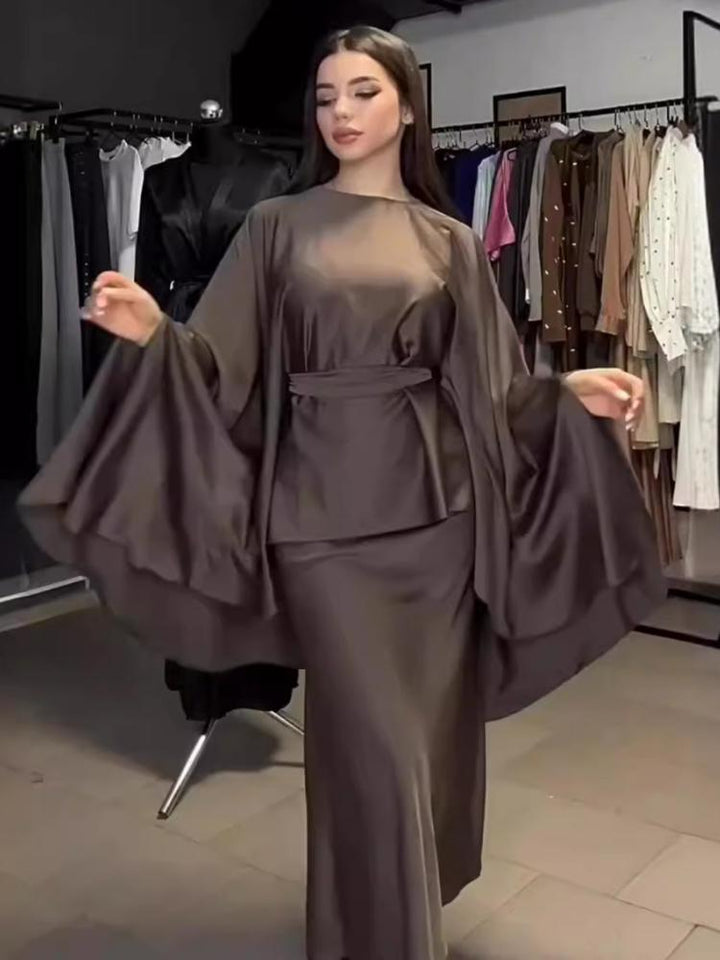 Elegant Round Neck Batwing Sleeve Top Dress Set