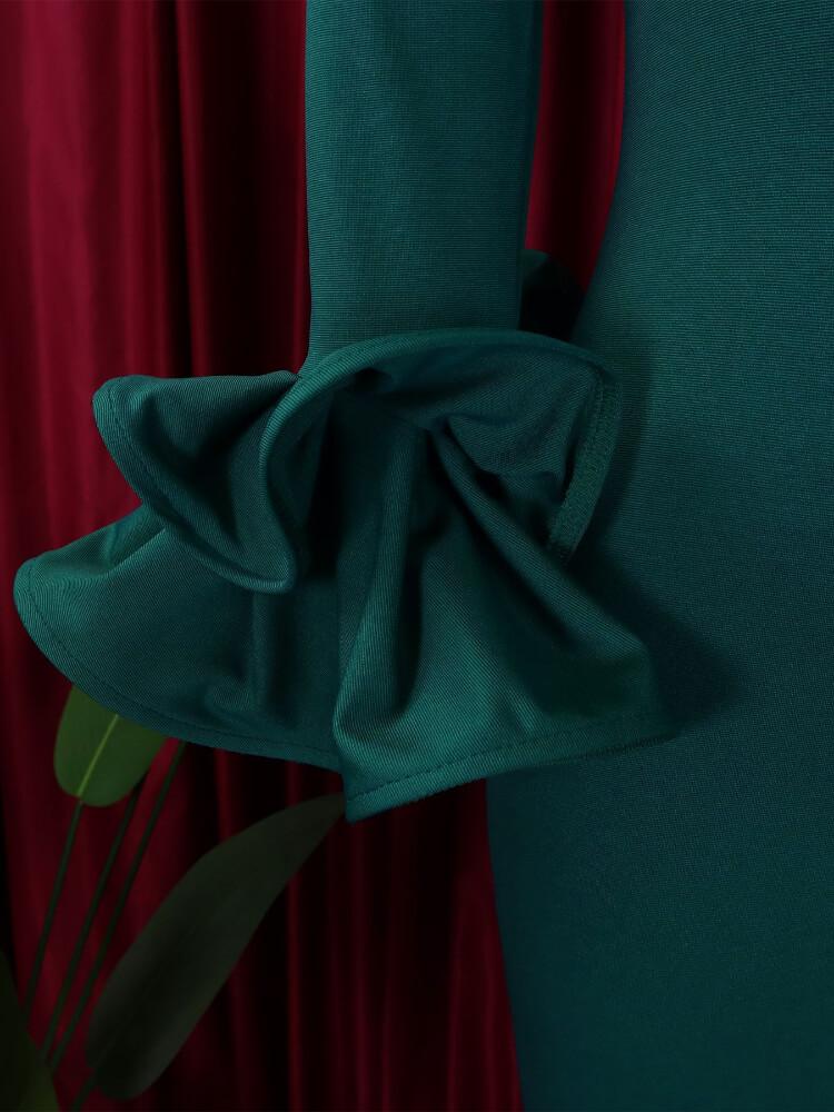 Solid Color Off Shoulder Slit Ruffle Sleeve Evening Dress