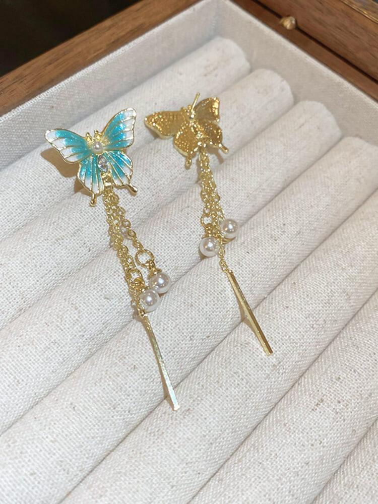 Silver Pin Diamond Butterfly Pearl Tassel Earrings
