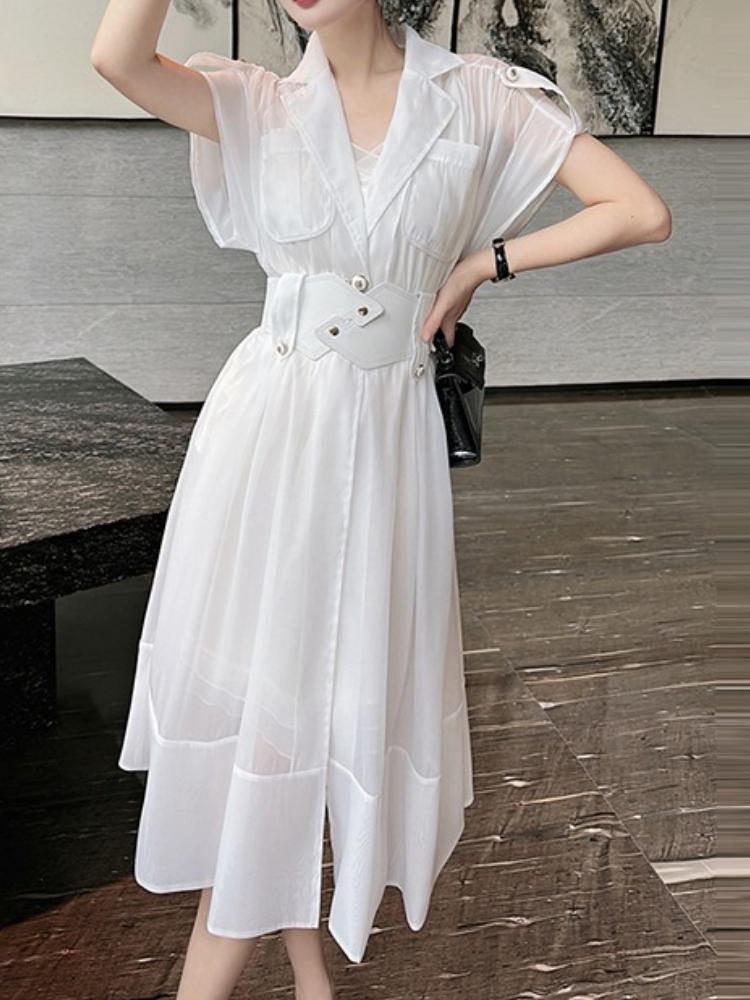 Elegant Solid Color Tight Waist Midi Dress