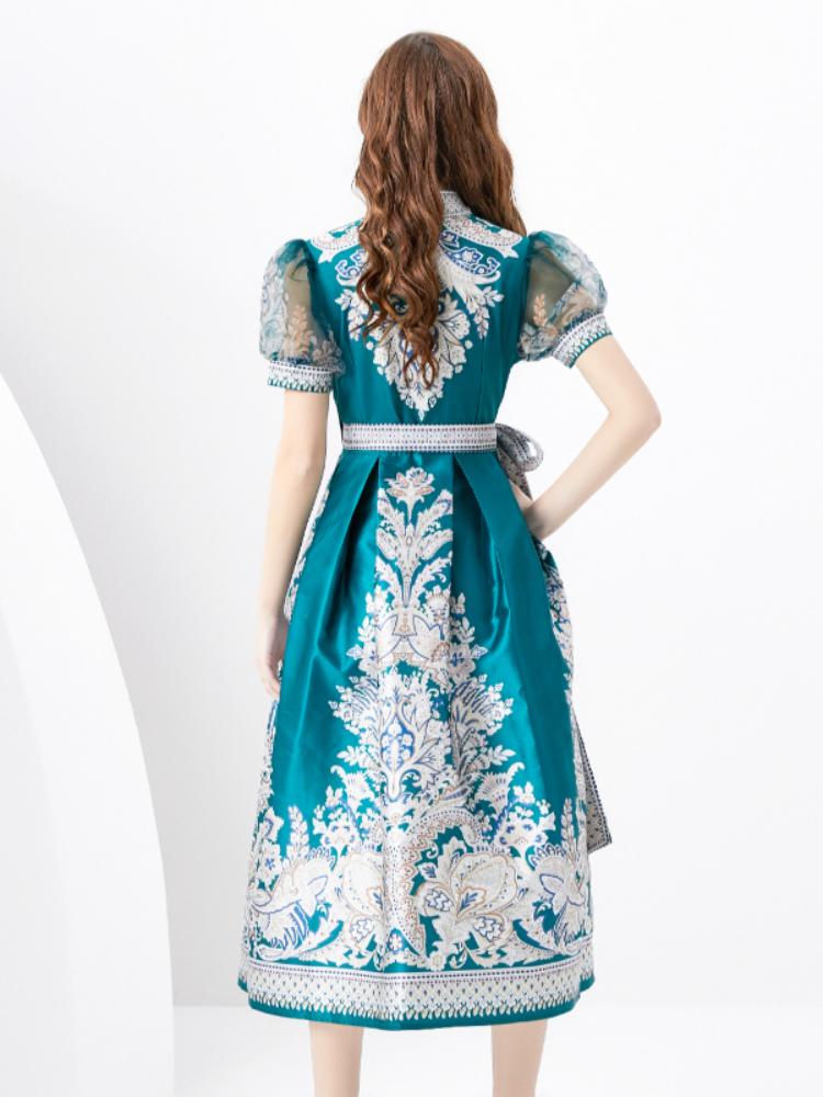 V-Neck Lantern Sleeve Long Printed Dress