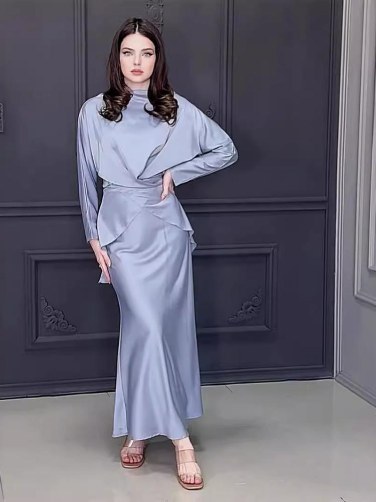 Satin Long Sleeve Pullover High Waist Dress Sets