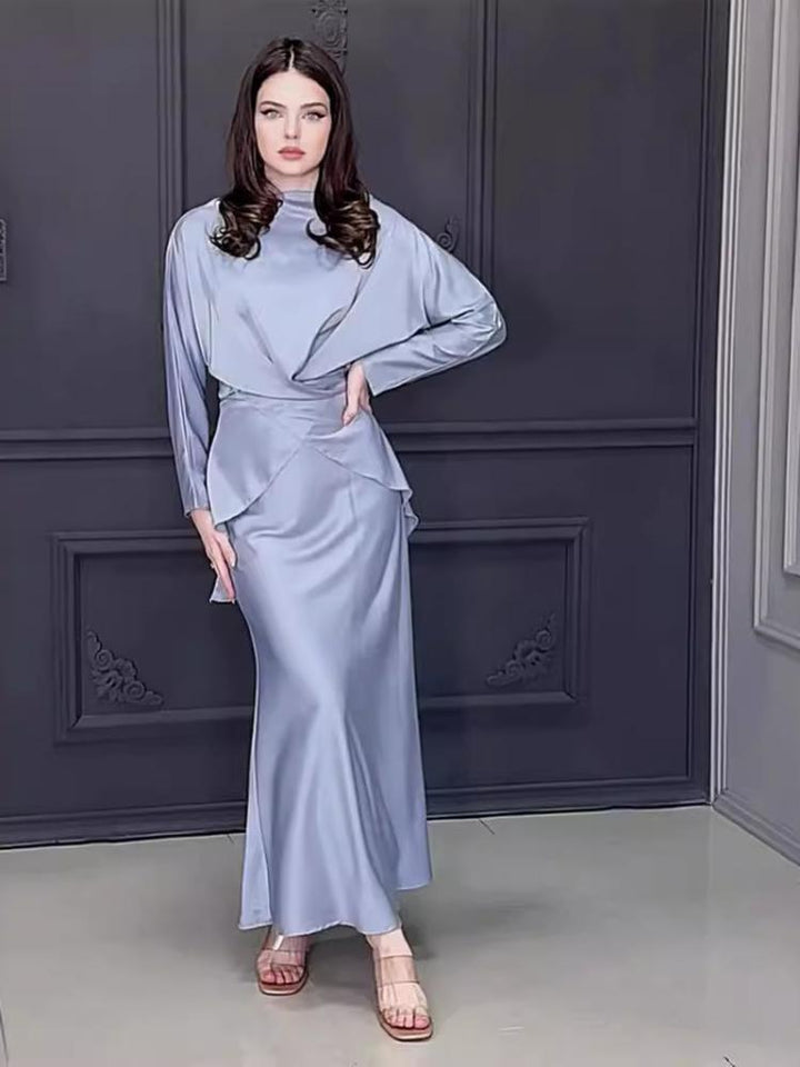 Satin Long Sleeve Pullover High Waist Dress Sets