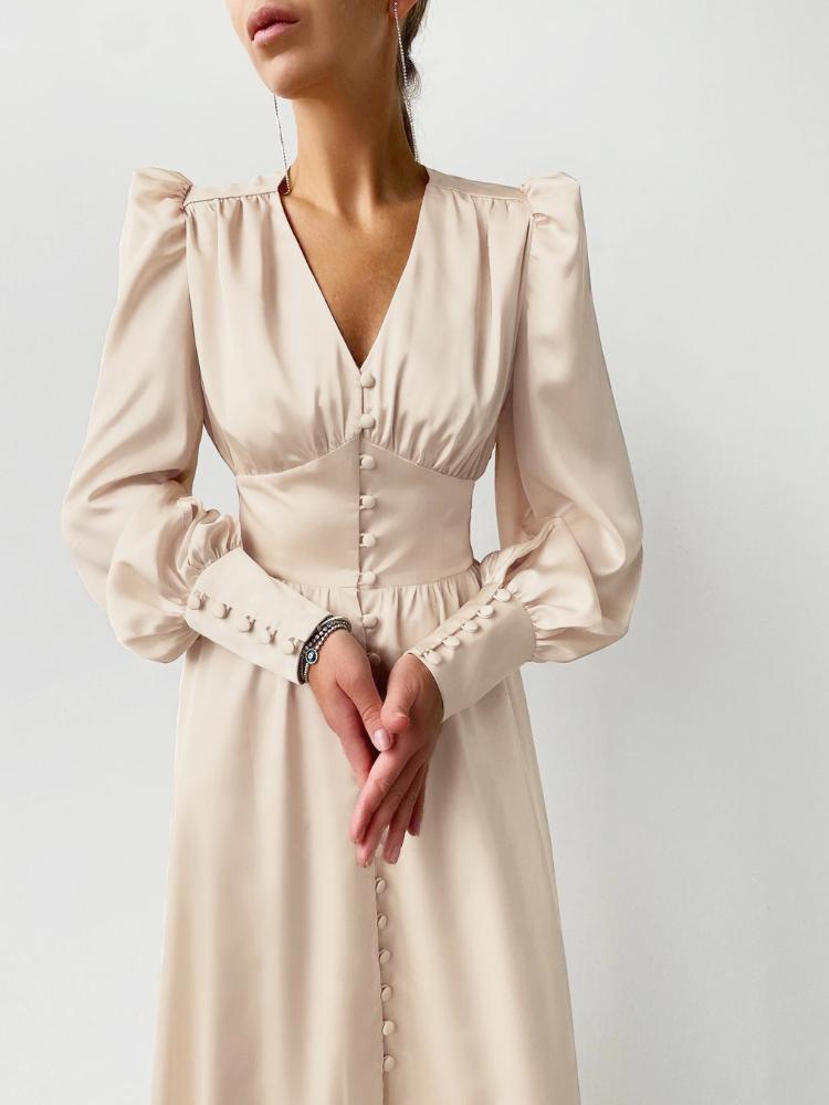 Elegant Lantern-Sleeve Satin Midi Dress