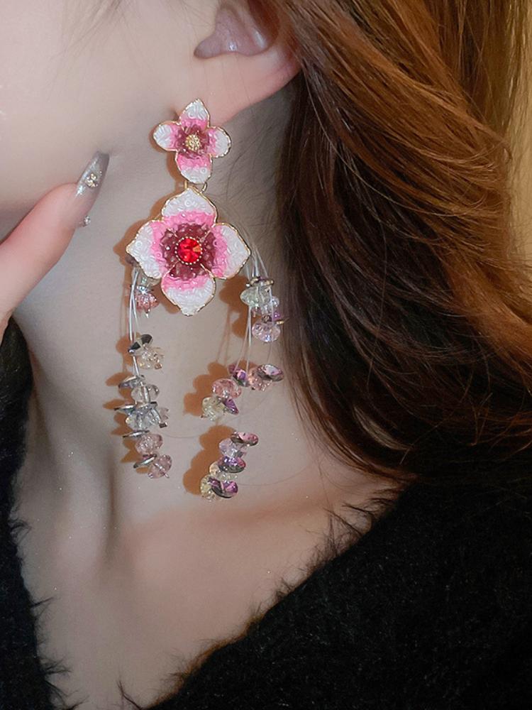 Flower Crystal Tassel Earrings