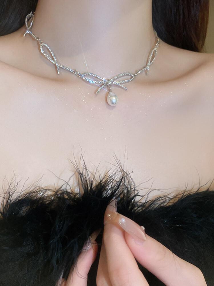 Women's Diamond Bow Pearl Necklace