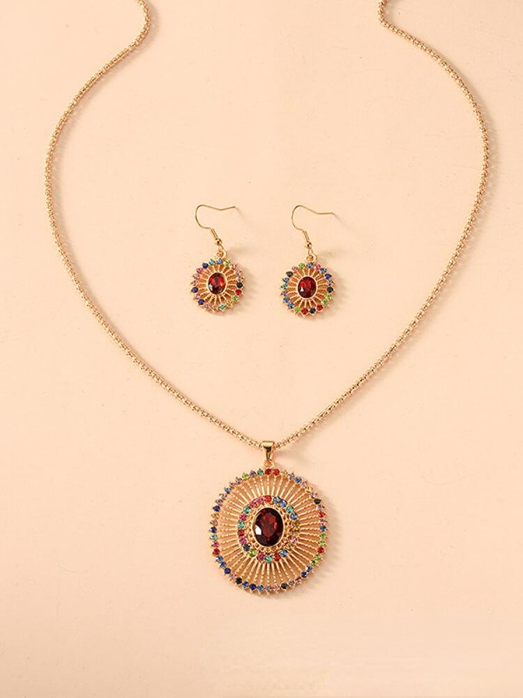 Gold Print Color Crystal Necklace Earrings Two-Piece Set