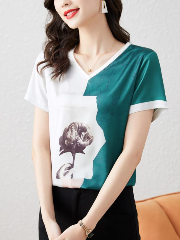 Casual Printed Loose V-Neck Top T-Shirt