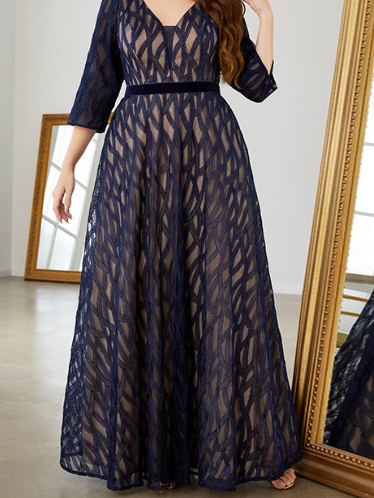 V-Neck Lace Midi Sleeve Evening Gown