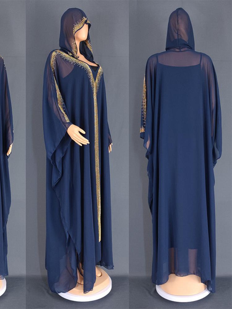 Chiffon Hot Diamond Hooded Abaya Set