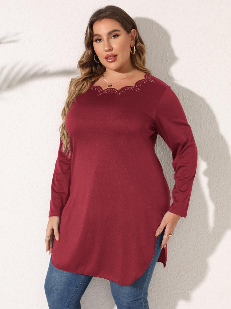 Hollow-out Long Sleeve Plus Size Top