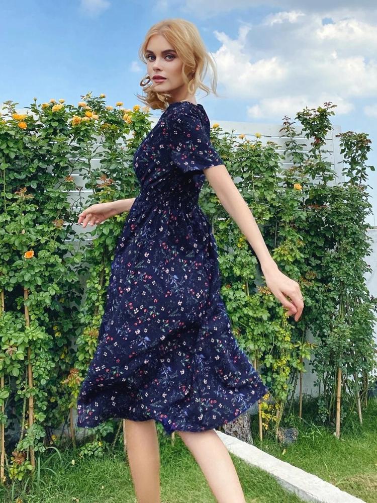 Floral Printed Short-Sleeve Midi Dress