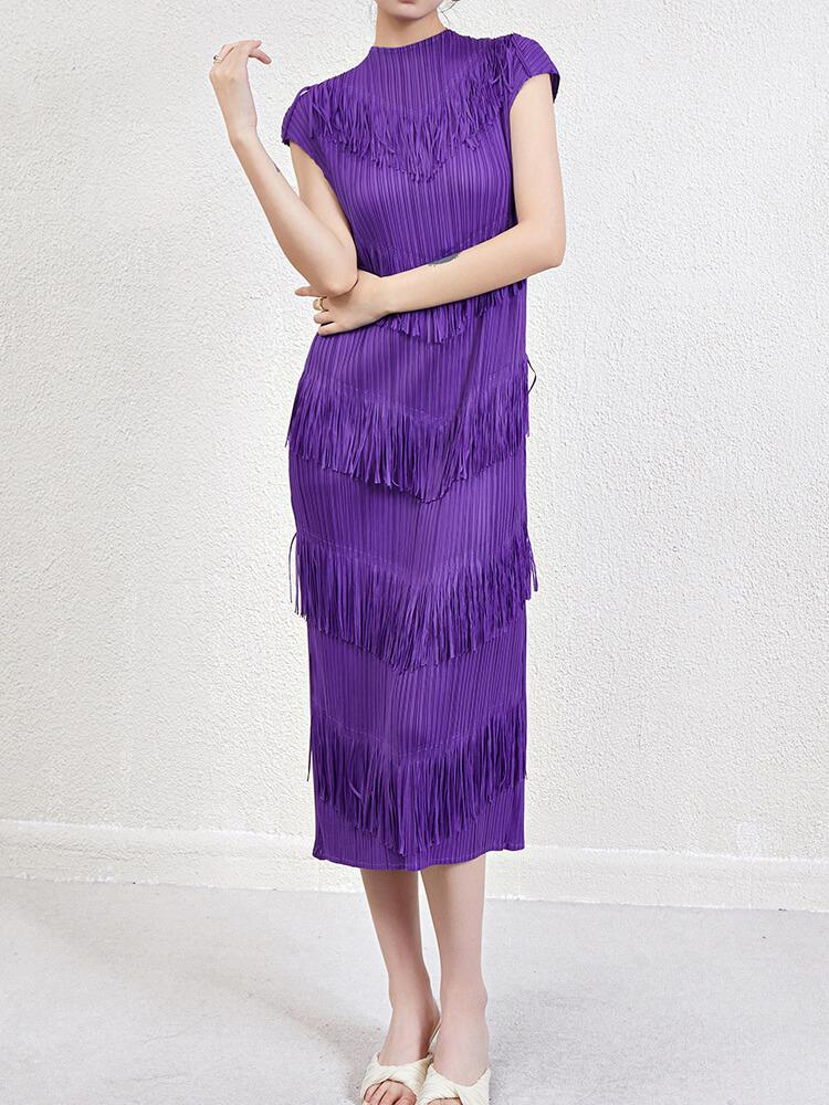 Women's Solid Color Pleated Fringe Gown Midi Dress