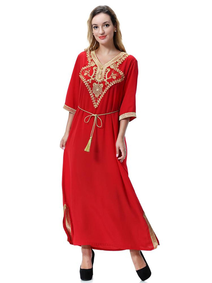 Embroidered Dress With Fringed Belt