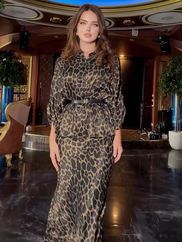 Women's Leopard Print Long Sleeve Shirt Dress Sets