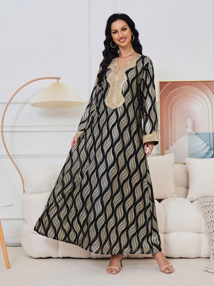 V-Neck Bronzing Geometric Leaves Long-Sleeve Jalabiya Dress
