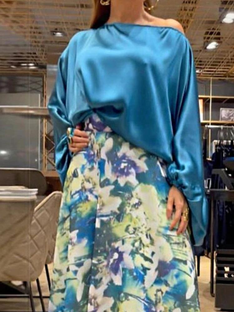 Long Sleeve Top High Waist Printed Skirt Set