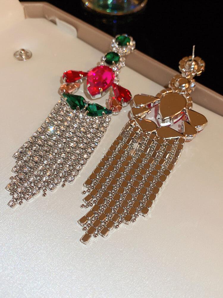 Silver Diamond Tassel Drop Earrings