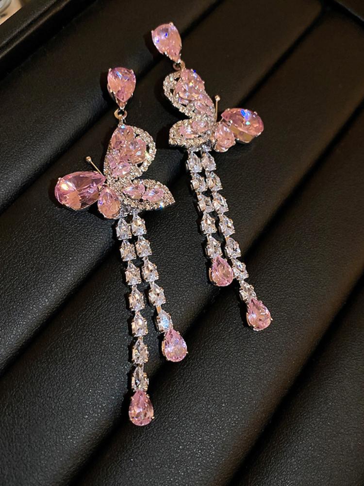 Pink Butterfly Drops Long Tassel Earrings