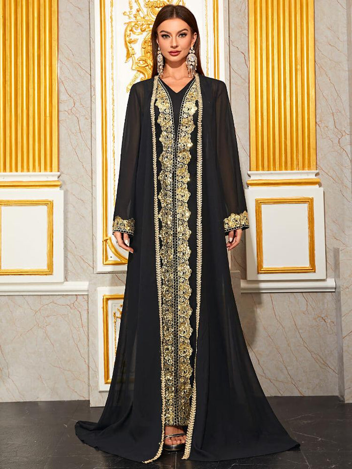 Luxury Embroidered V-Neck Abaya Two-Piece Set
