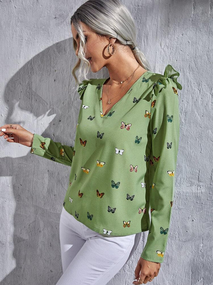 Women's V-Neck Long Sleeve Butterfly Print Shirt