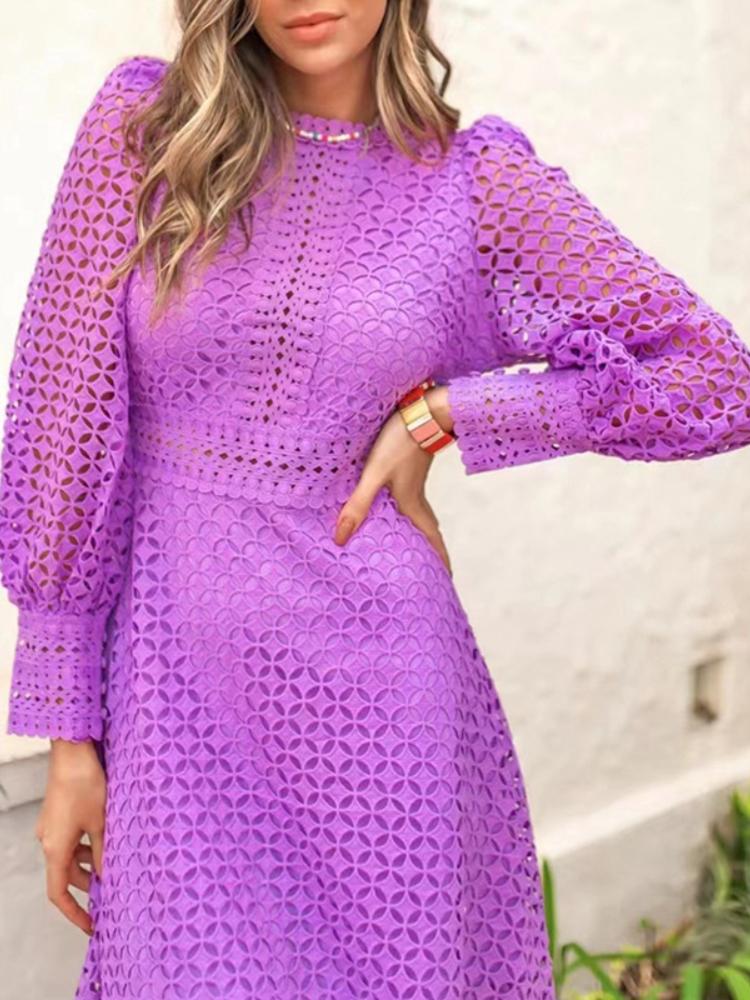 Solid Color Embroidered Hollow Midi Dress