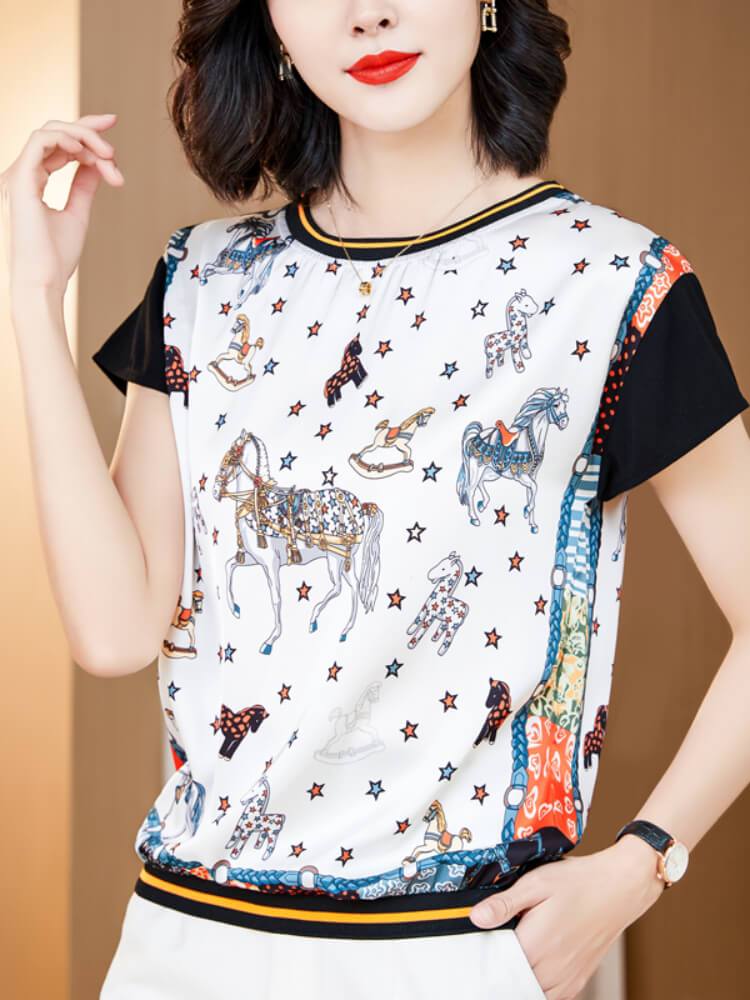 Threaded Patchwork Printed Short-Sleeve Top