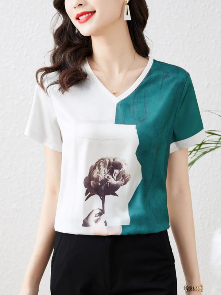 Casual Printed Loose V-Neck Top T-Shirt