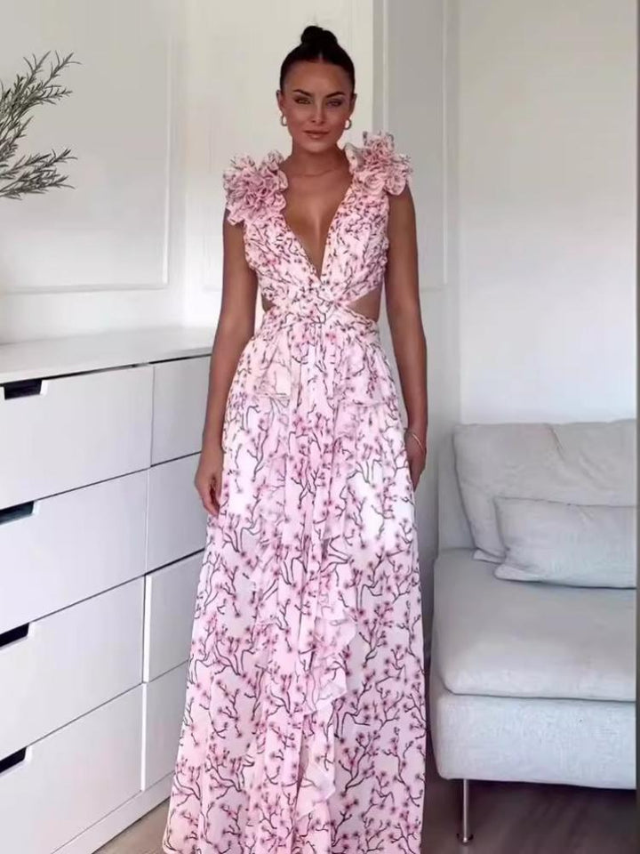 Floral Printed Deep V-Neck Backless Maxi Dress