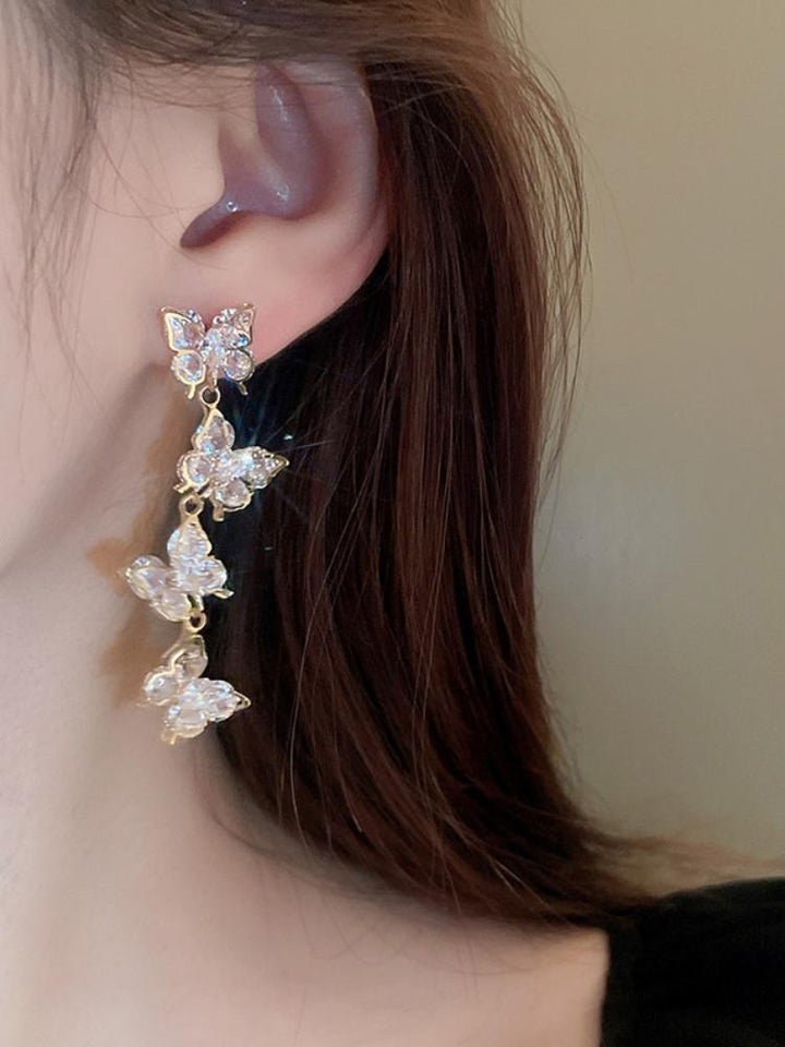 Silver Zircon Butterfly Tassel Earrings