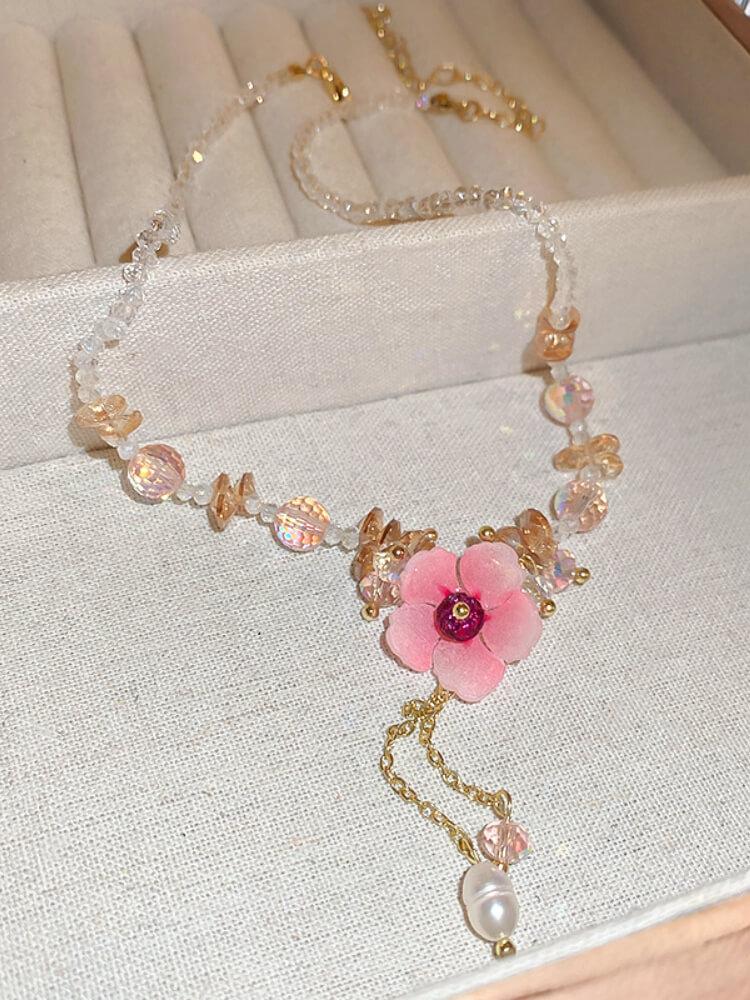 Diamond-encrusted Flower Crystal Pearl Tassel Necklace