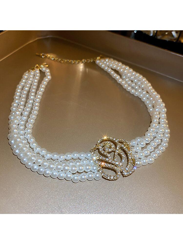 Diamond-Encrusted Pearl Openwork Flower Necklace