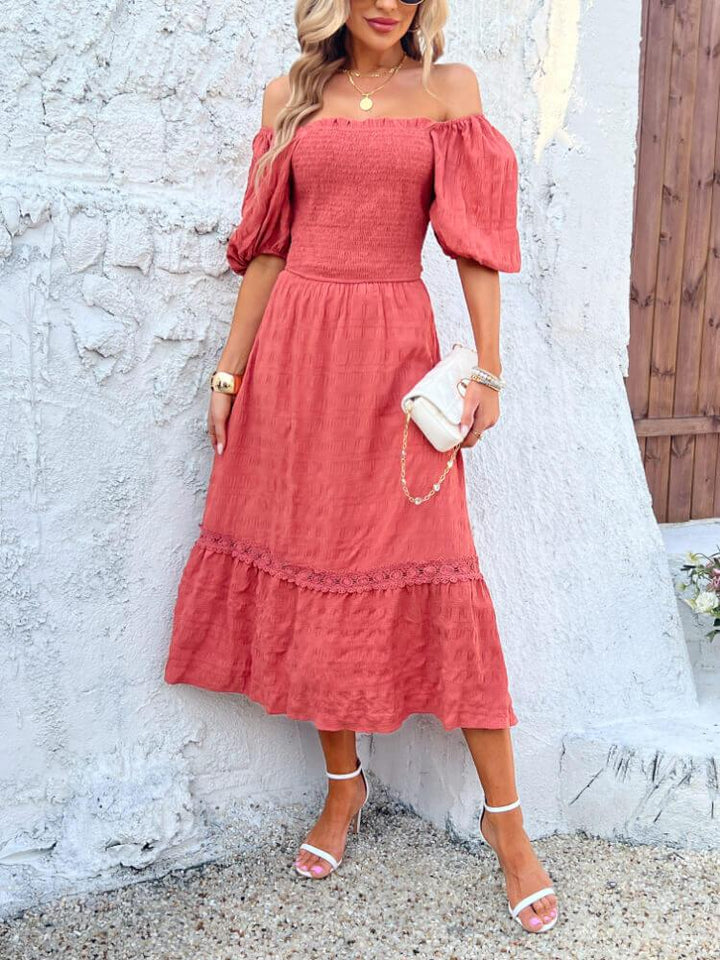 Women's Solid Color Puff Sleeve Hollow Midi Dress