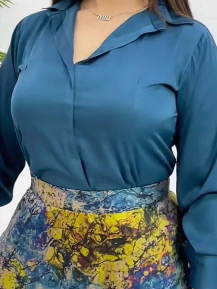 Solid Color Shirt Printed Skirt Set