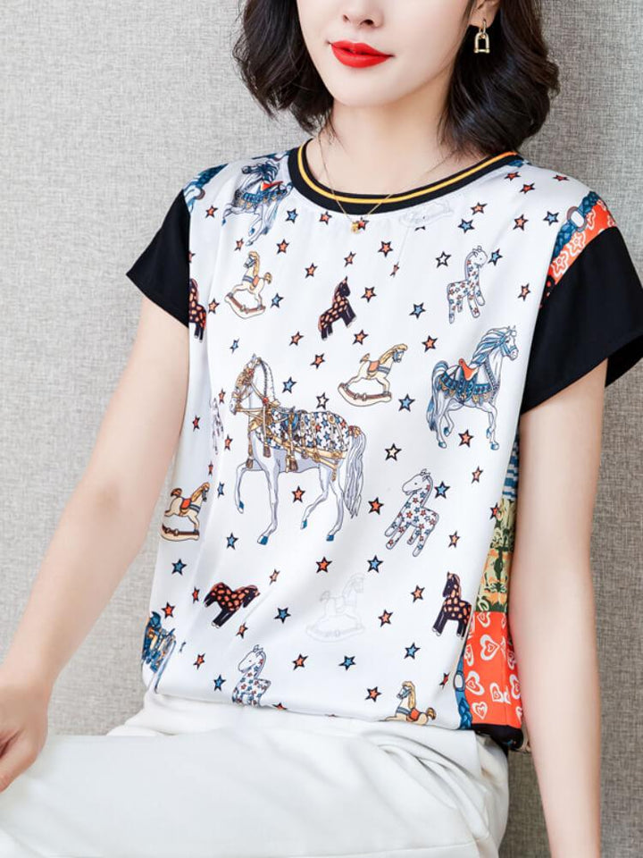 Threaded Patchwork Printed Short-Sleeve Top