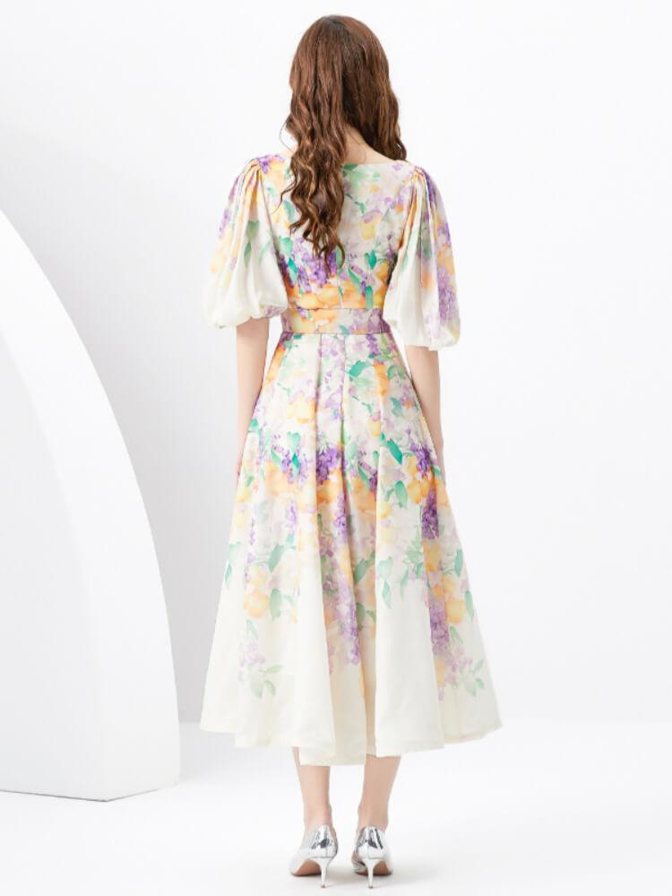 V-Neck Puff-Sleeve Printed Dress