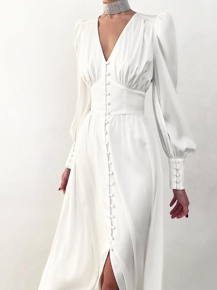 Elegant Lantern-Sleeve Satin Midi Dress