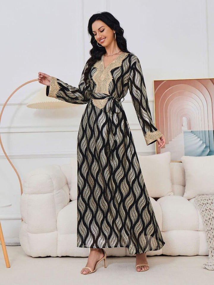 V-Neck Bronzing Geometric Leaves Long-Sleeve Jalabiya Dress