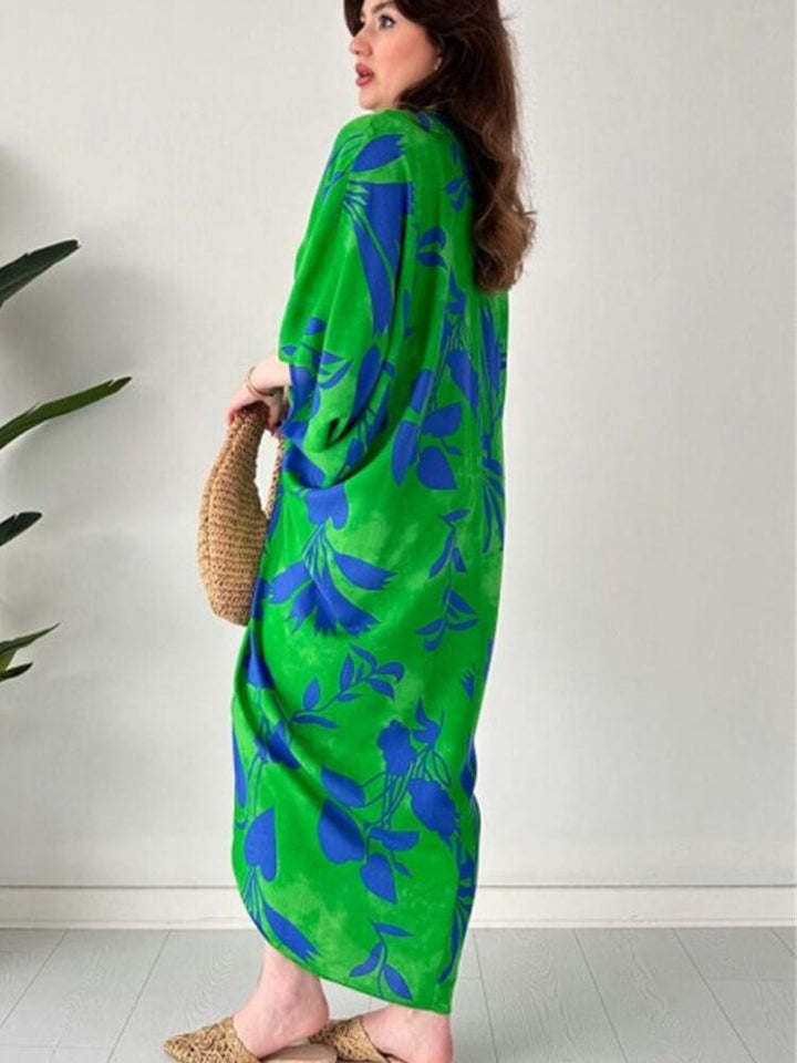Women's Loose Dolman Sleeve Printed V-Neck Dress