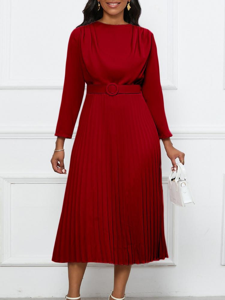 Elegant Solid Color Pleated Midi Dress