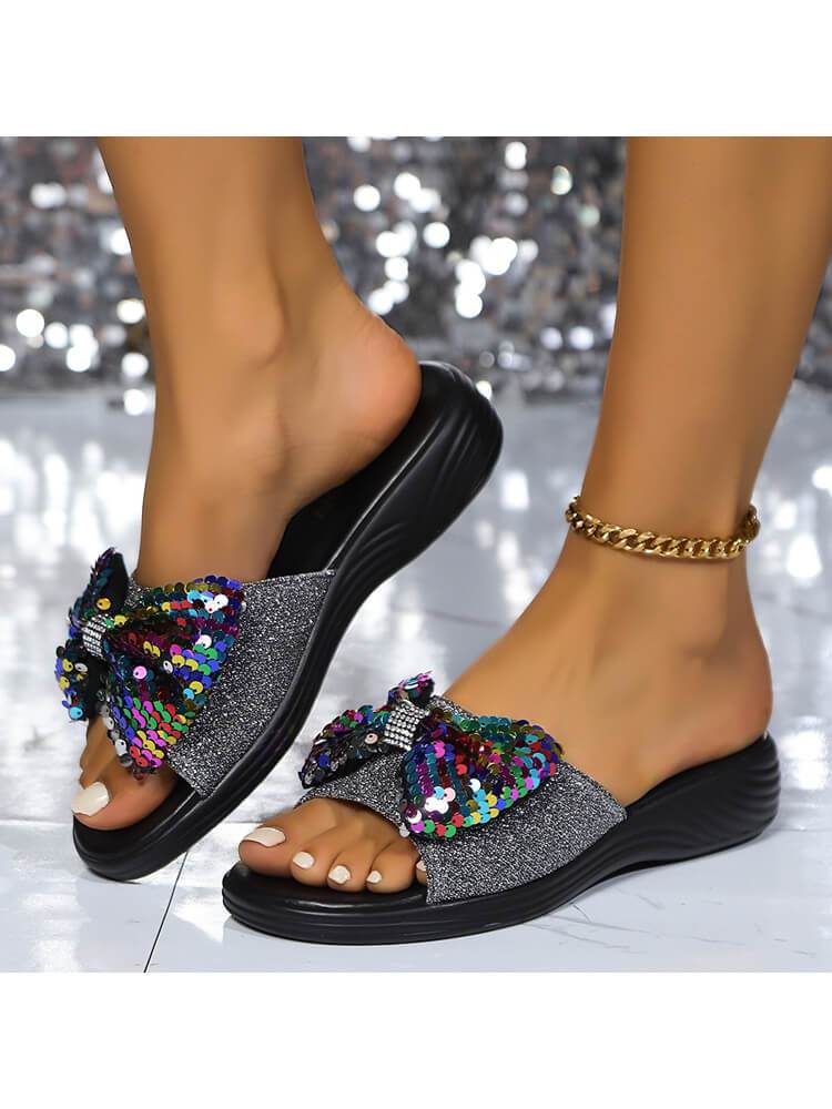 Sequined Bow Flat Slippers