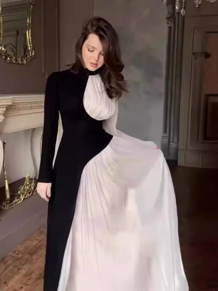 Women's Irregular Contrast Stitching Pleated Dress