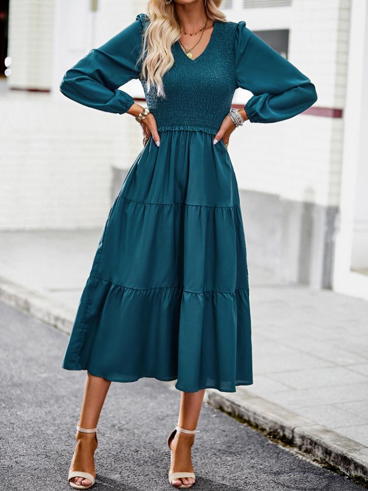 Solid Color V-Neck Long Sleeve Midi Dress