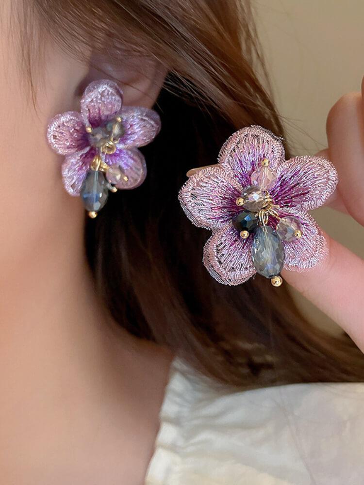 Silver Needle Crystal Fabric Flower Earrings