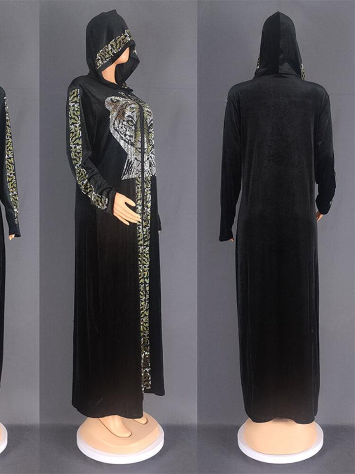 Velvet Rhinestone Dress Long Sleeve Hooded Robe